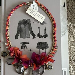LOFT Pink and Orange Braided Necklace with Gem Accents
